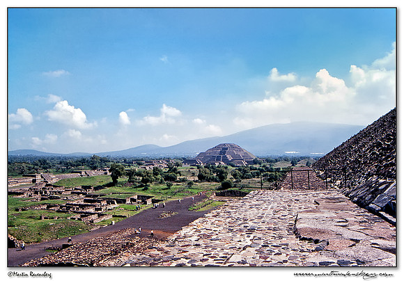 View from the Pyramid of the Sun, with the Pyramid of the Moon on the far end in Teotihuacán