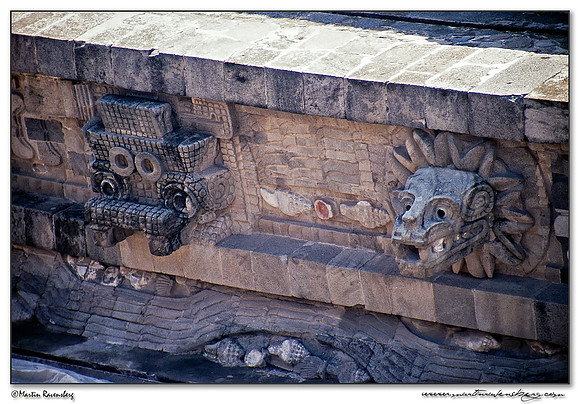 A Feathered Serpent head covers the Temple of the Feathered Serpent in Teotihuacán.